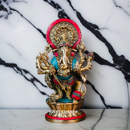 Lord Ganesha Standing blessing with lion Brass stone work idol - 12 Inches Nikuressence