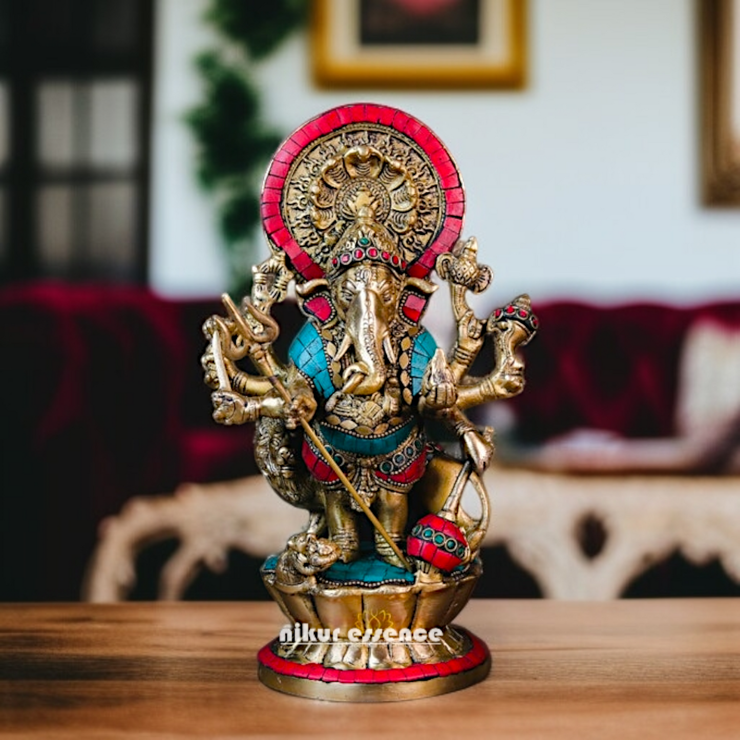 Lord Ganesha Standing blessing with lion Brass stone work idol - 12 Inches Nikuressence