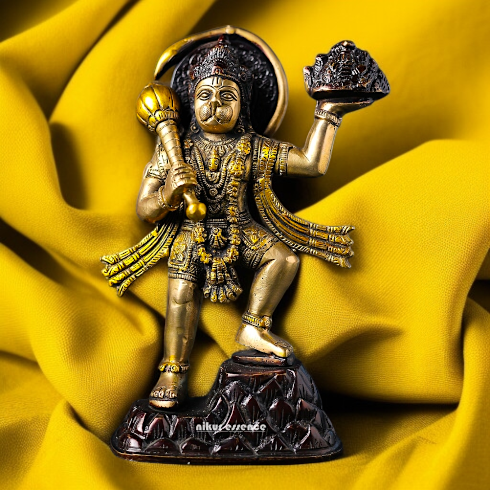 Brass Hanuman holding sanjeevni booti with mace Gada idol - 8.2 Inches Nikuressence
