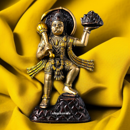 Brass Hanuman holding sanjeevni booti with mace Gada idol - 8.2 Inches Nikuressence
