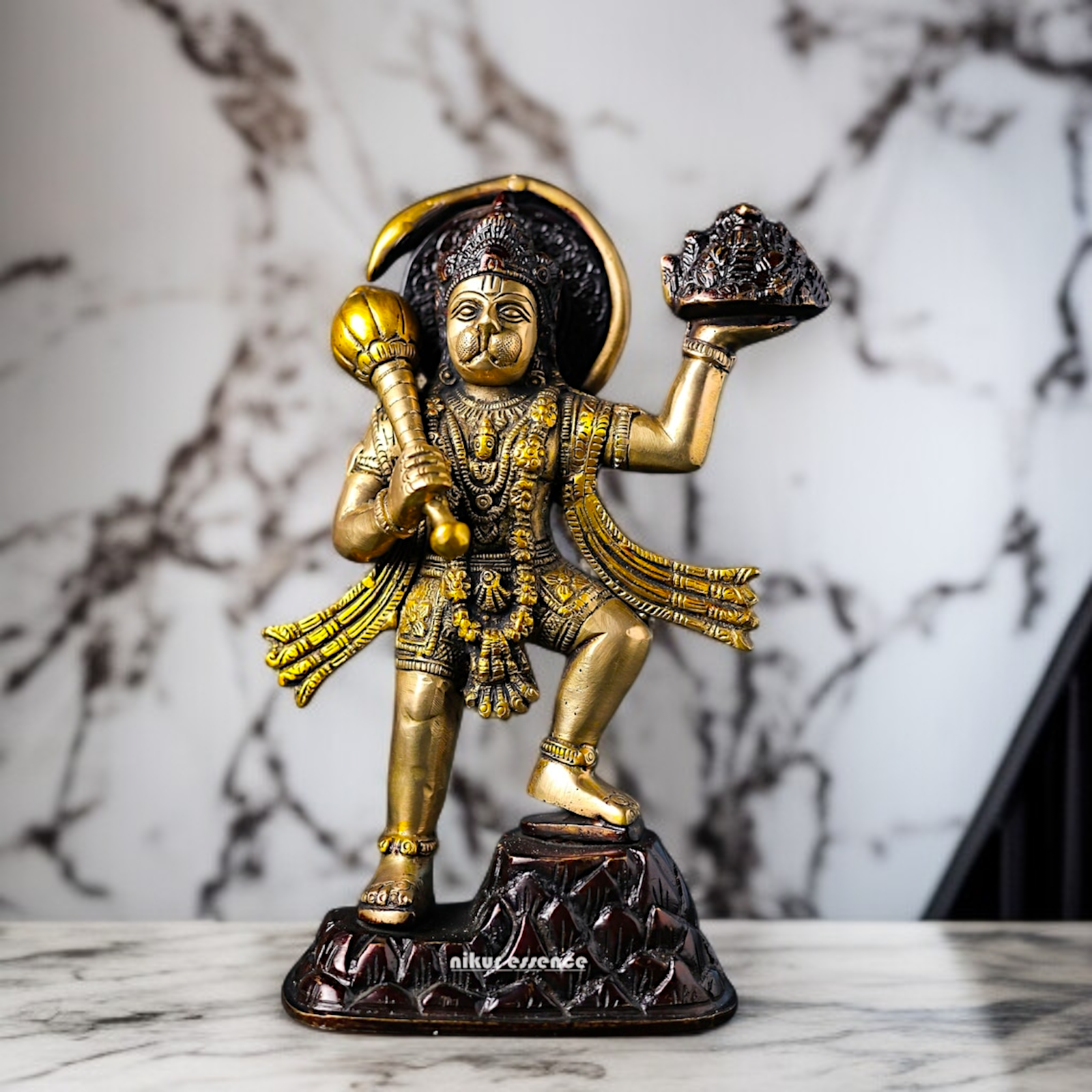 Brass Hanuman holding sanjeevni booti with mace Gada idol - 8.2 Inches Nikuressence