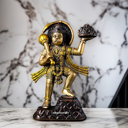 Brass Hanuman holding sanjeevni booti with mace Gada idol - 8.2 Inches Nikuressence