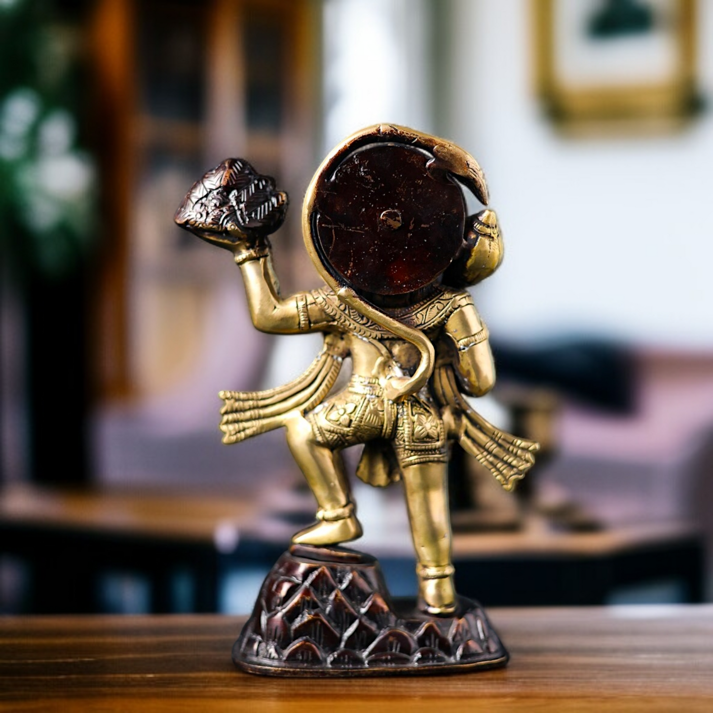 Brass Hanuman holding sanjeevni booti with mace Gada idol - 8.2 Inches Nikuressence