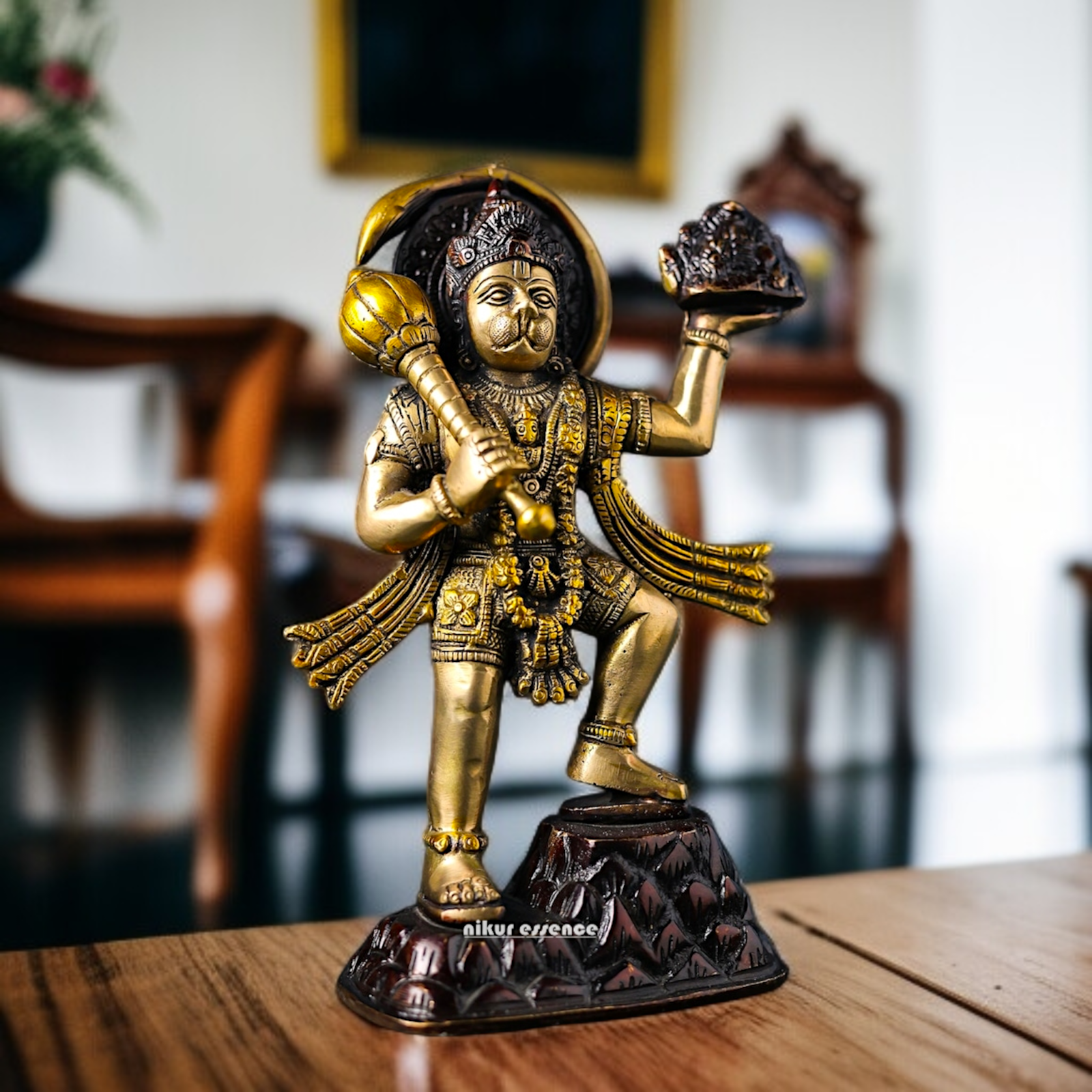 Brass Hanuman holding sanjeevni booti with mace Gada idol - 8.2 Inches Nikuressence