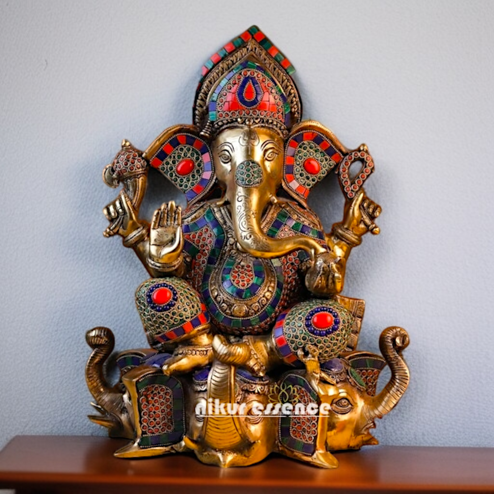 Brass Ganesha seated on elephant with Blessing stone work idol - 16 Inches Nikuressence