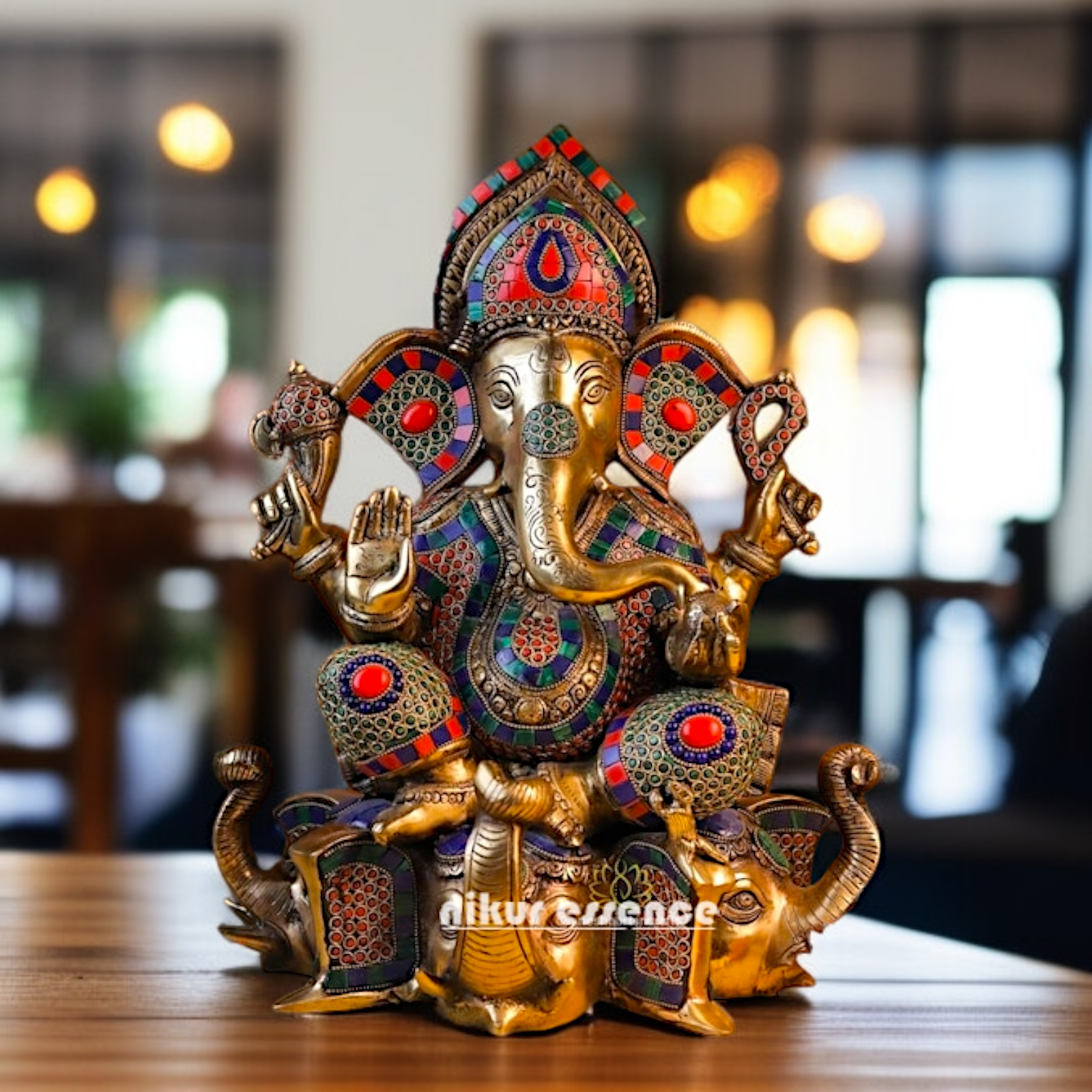 Brass Ganesha seated on elephant with Blessing stone work idol - 16 Inches Nikuressence