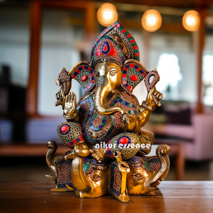 Brass Ganesha seated on elephant with Blessing stone work idol - 16 Inches Nikuressence