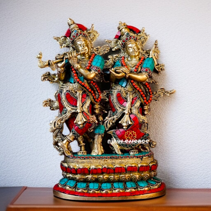 Radha Krishna Standing with Playing Flute Brass stone work idol - 11.417 inches Nikuressence