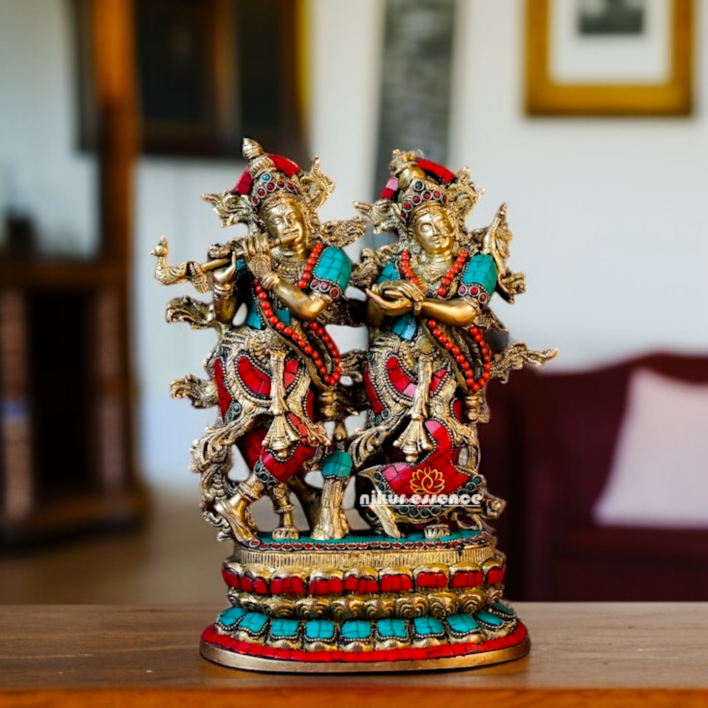 Radha Krishna Standing with Playing Flute Brass stone work idol - 11.417 inches Nikuressence