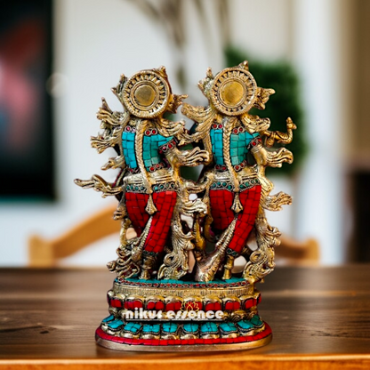 Radha Krishna Standing with Playing Flute Brass stone work idol - 11.417 inches Nikuressence