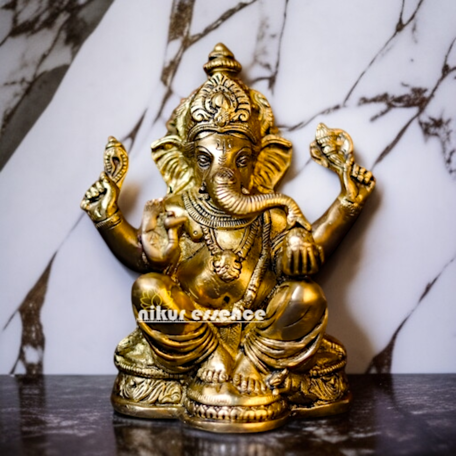 Lord Ganesh Vinayaka Seated with Blessing Brass idol - 7 Inches Nikuressence