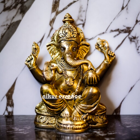 Lord Ganesh Vinayaka Seated with Blessing Brass idol - 7 Inches Nikuressence