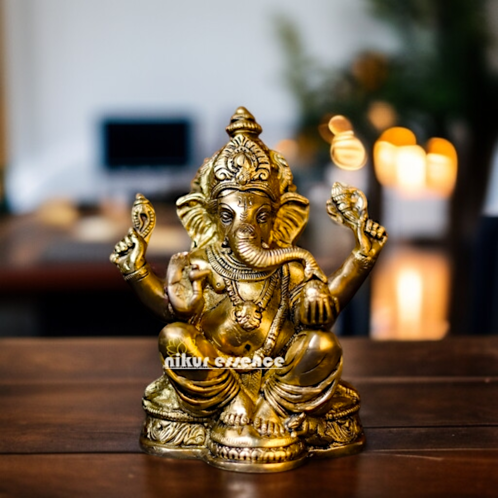 Lord Ganesh Vinayaka Seated with Blessing Brass idol - 7 Inches Nikuressence