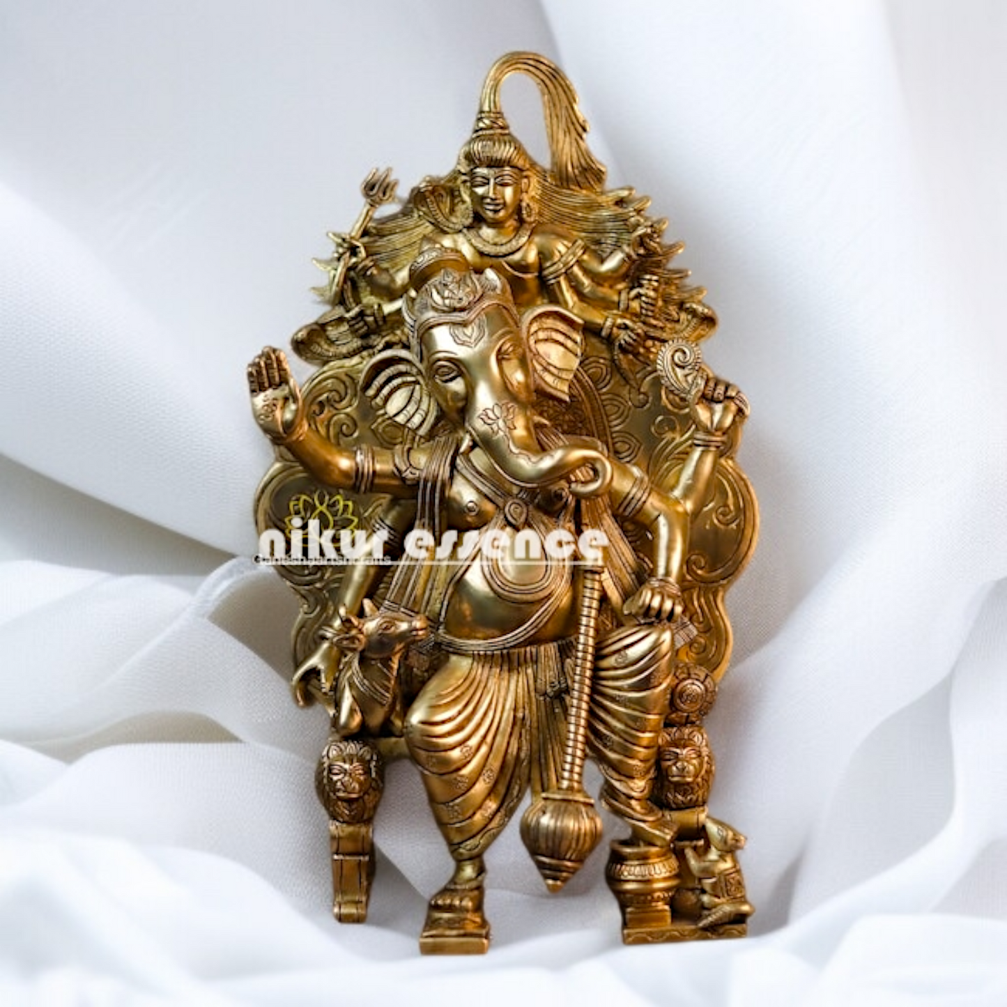 Lord Ganpati Vinayaka Blessing Seated on singhasan with hold mace Brass idol - 17 Inches Nikuressence