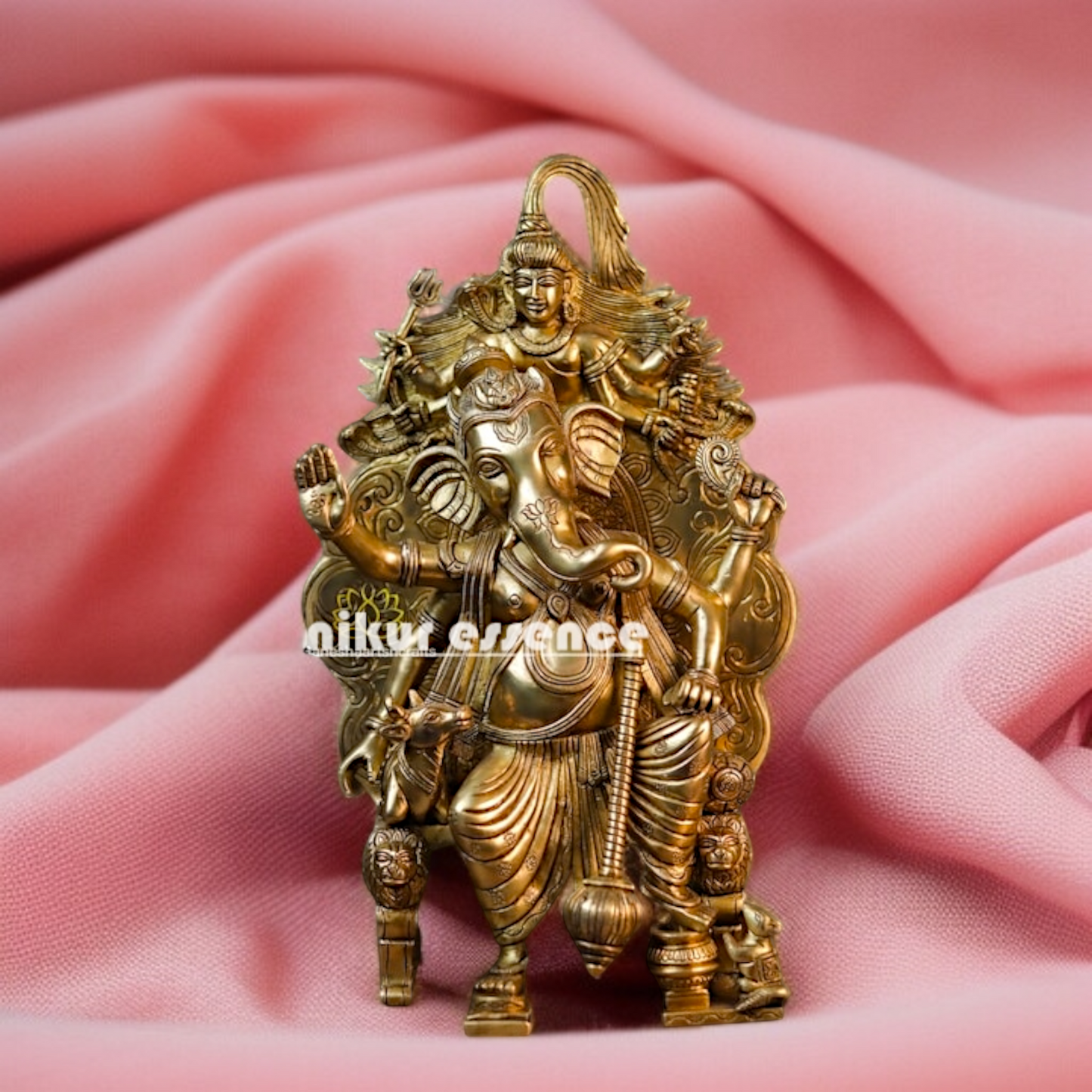 Lord Ganpati Vinayaka Blessing Seated on singhasan with hold mace Brass idol - 17 Inches Nikuressence