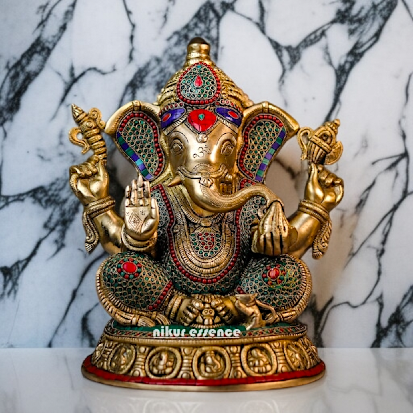 Brass Vinayaka Ganesha seated with Blessing stone work idol - 16 Inches Nikuressence