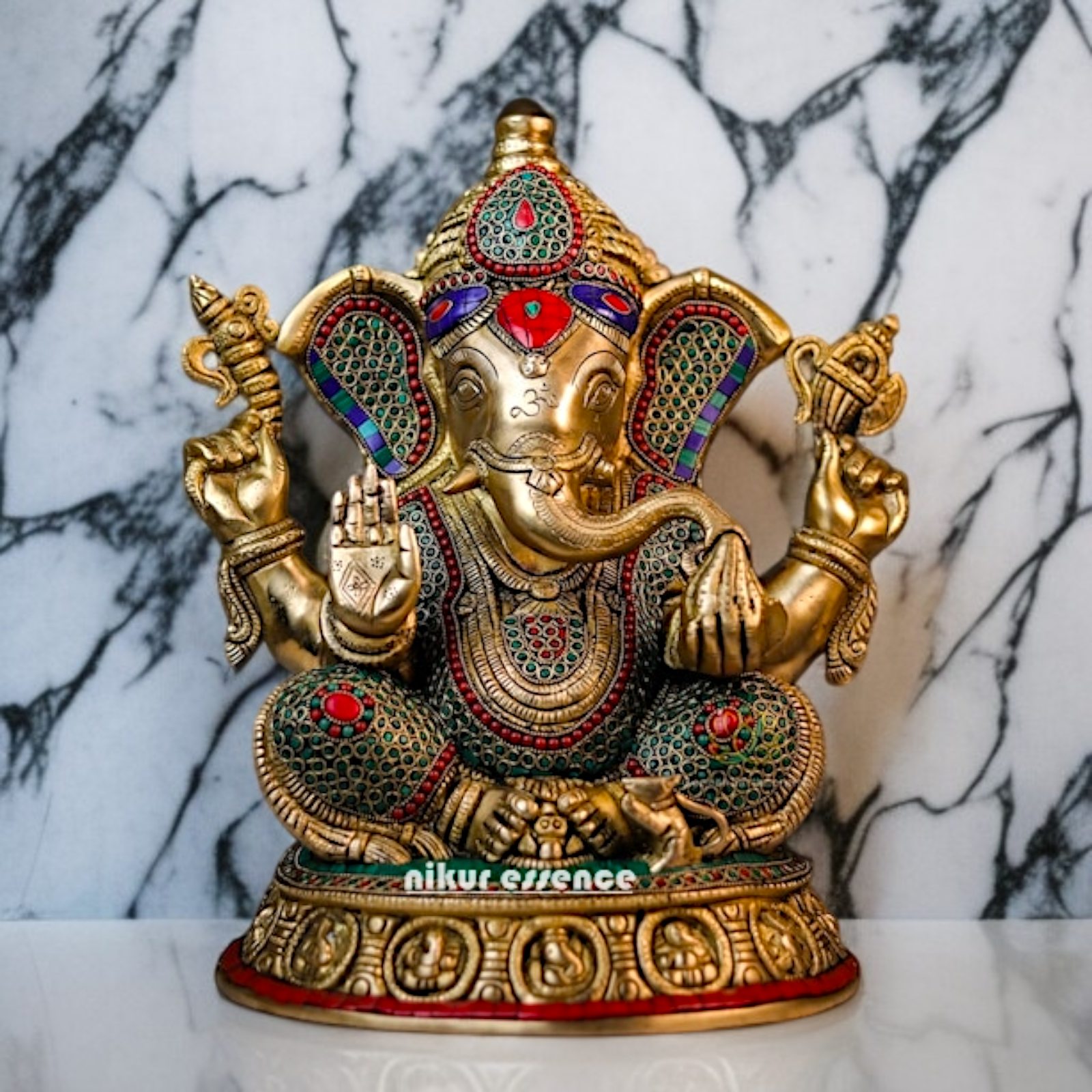 Brass Vinayaka Ganesha seated with Blessing stone work idol - 16 Inches Nikuressence