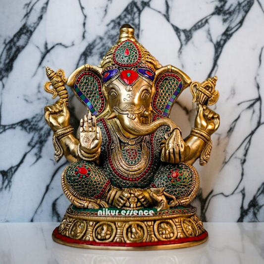 Brass Vinayaka Ganesha seated with Blessing stone work idol - 16 Inches Nikuressence