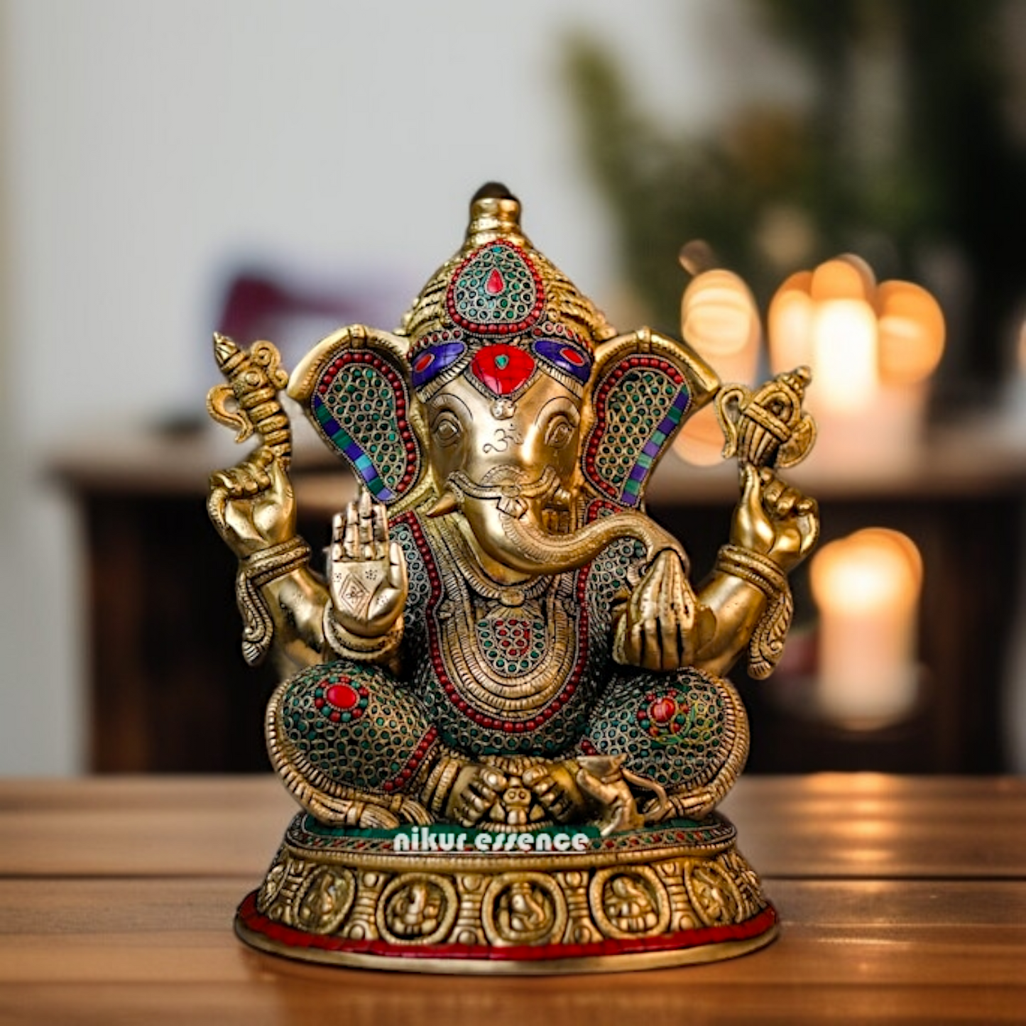 Brass Vinayaka Ganesha seated with Blessing stone work idol - 16 Inches Nikuressence