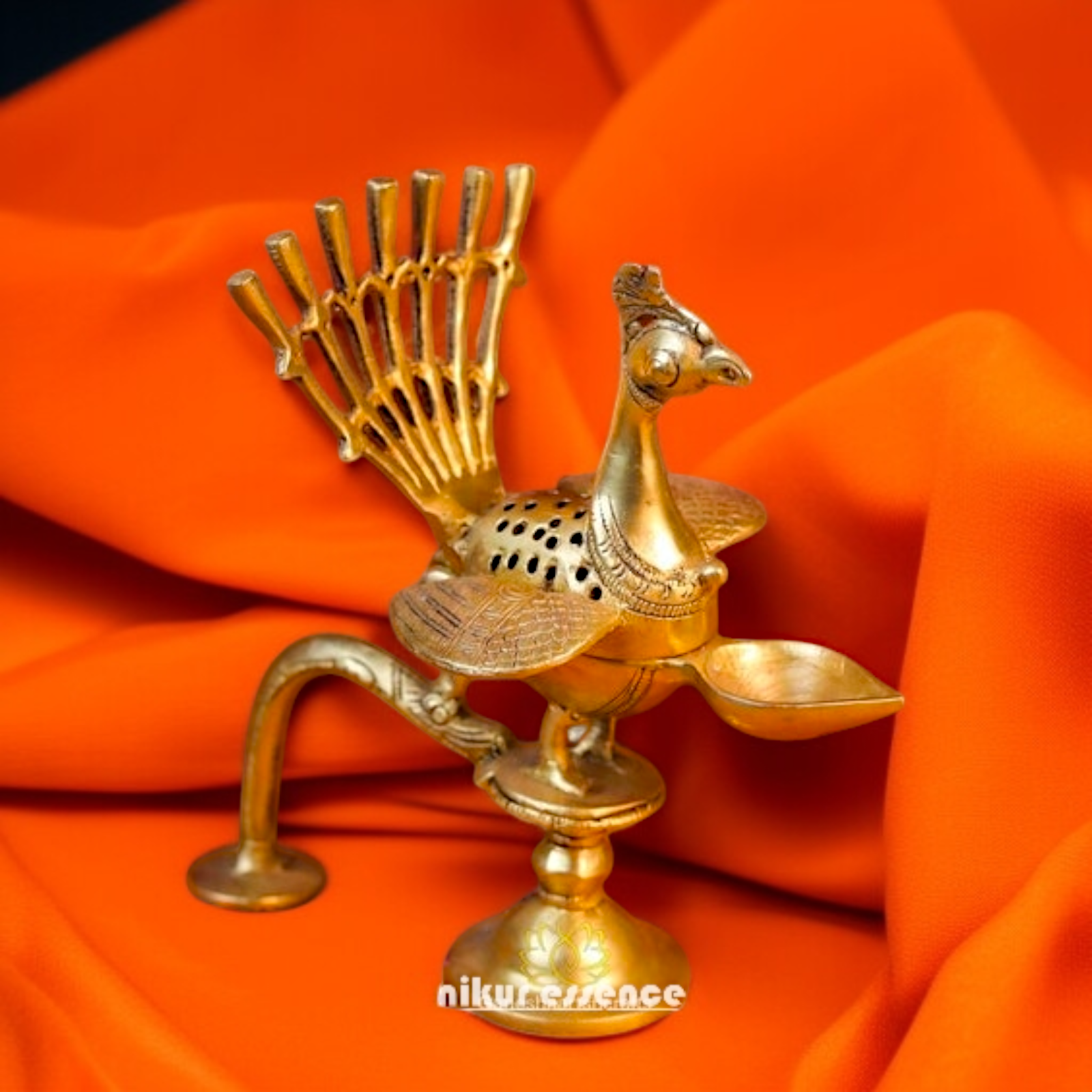 Solid Brass Peacock Oil Diya lamp burner - 8 inches Nikuressence