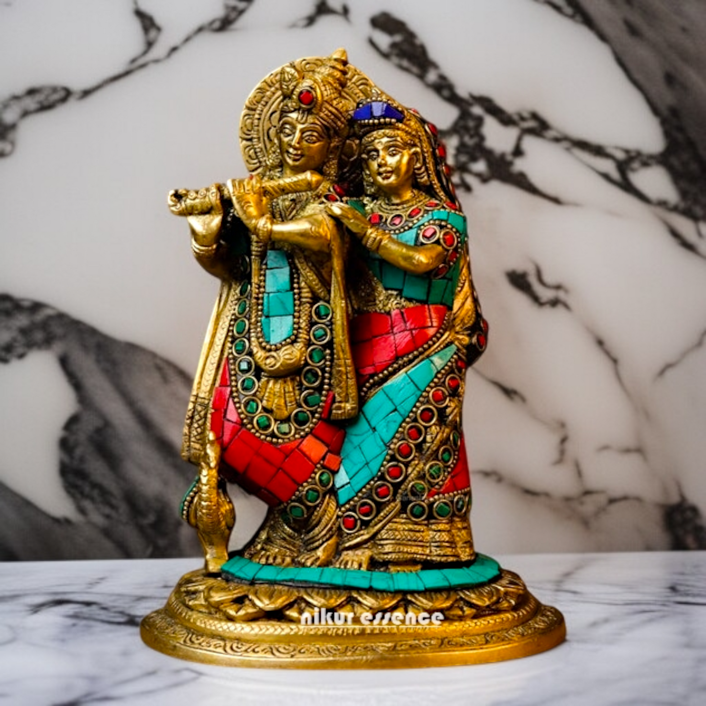 Radha Krishna Playing Flute Standing Couple Brass stone work idol - 7.48 inches Nikuressence