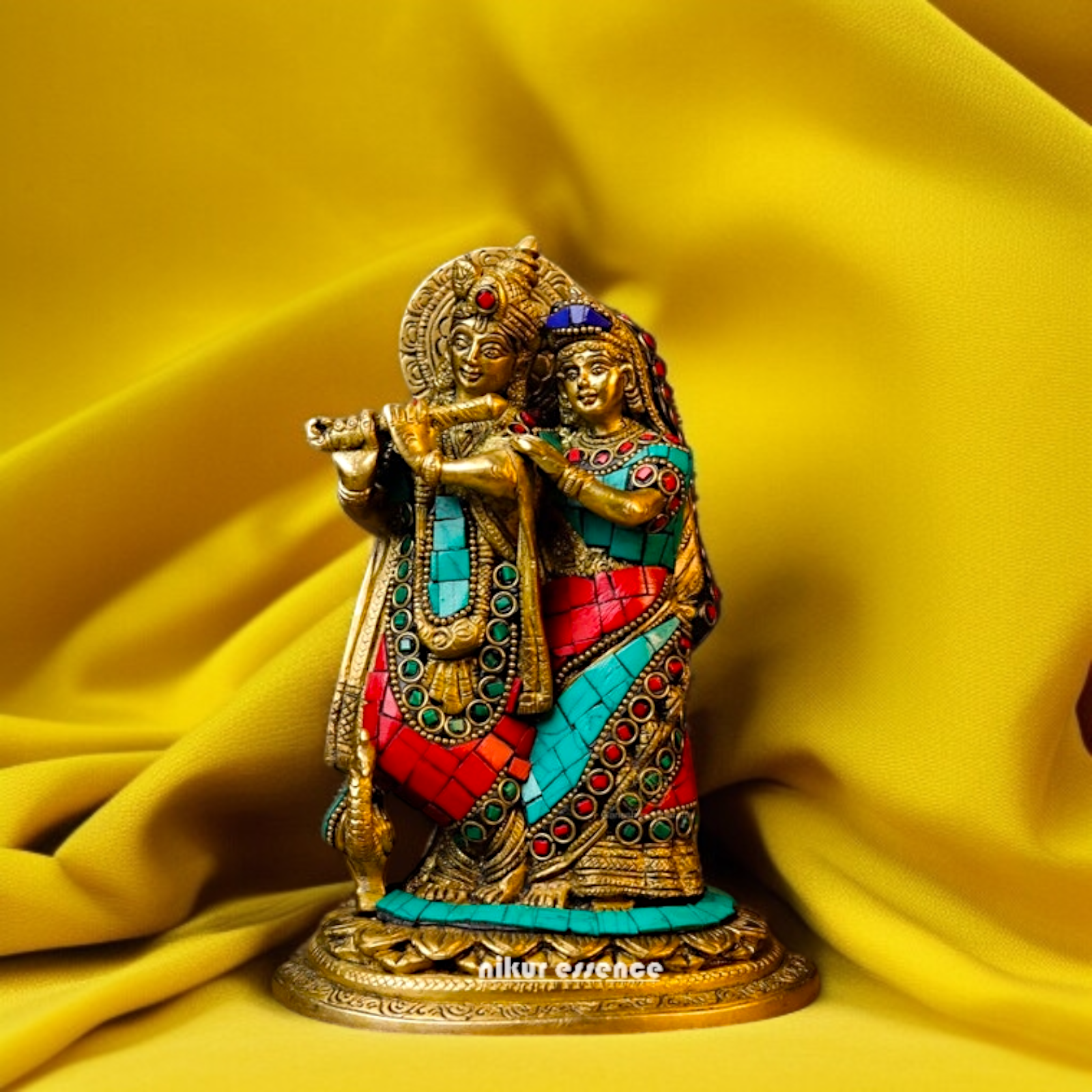 Radha Krishna Playing Flute Standing Couple Brass stone work idol - 7.48 inches Nikuressence