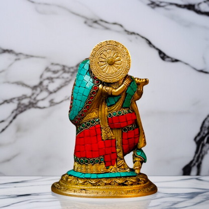 Radha Krishna Playing Flute Standing Couple Brass stone work idol - 7.48 inches Nikuressence