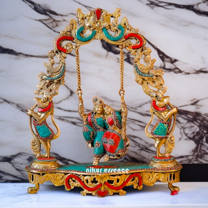 Brass Radha krishna swing Jhula stone work idol - 18 Inches Nikuressence