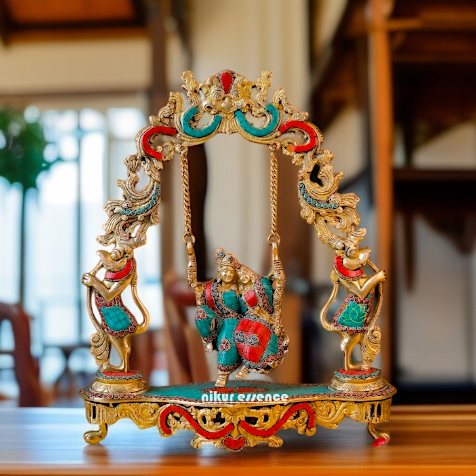 Brass Radha krishna swing Jhula stone work idol - 18 Inches Nikuressence