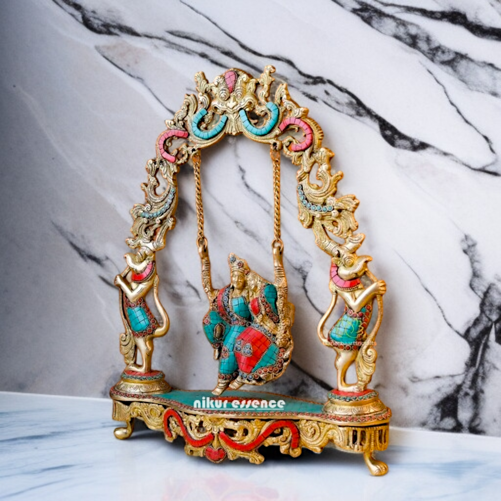 Brass Radha krishna swing Jhula stone work idol - 18 Inches Nikuressence