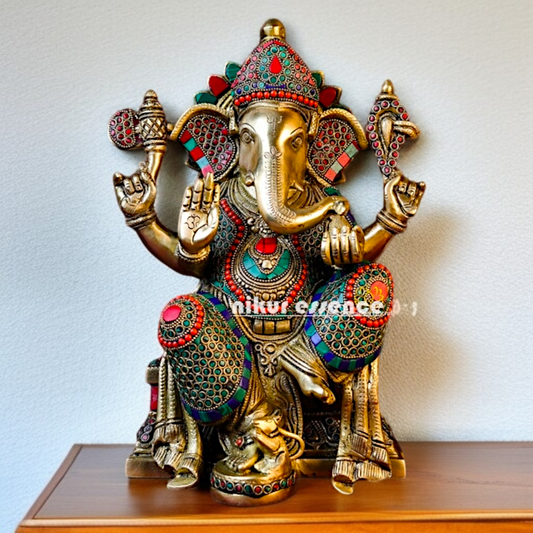 Big Vinayaka Ganesha Blessing with Four Armed Brass stone work idol - 14.173 inches Nikuressence