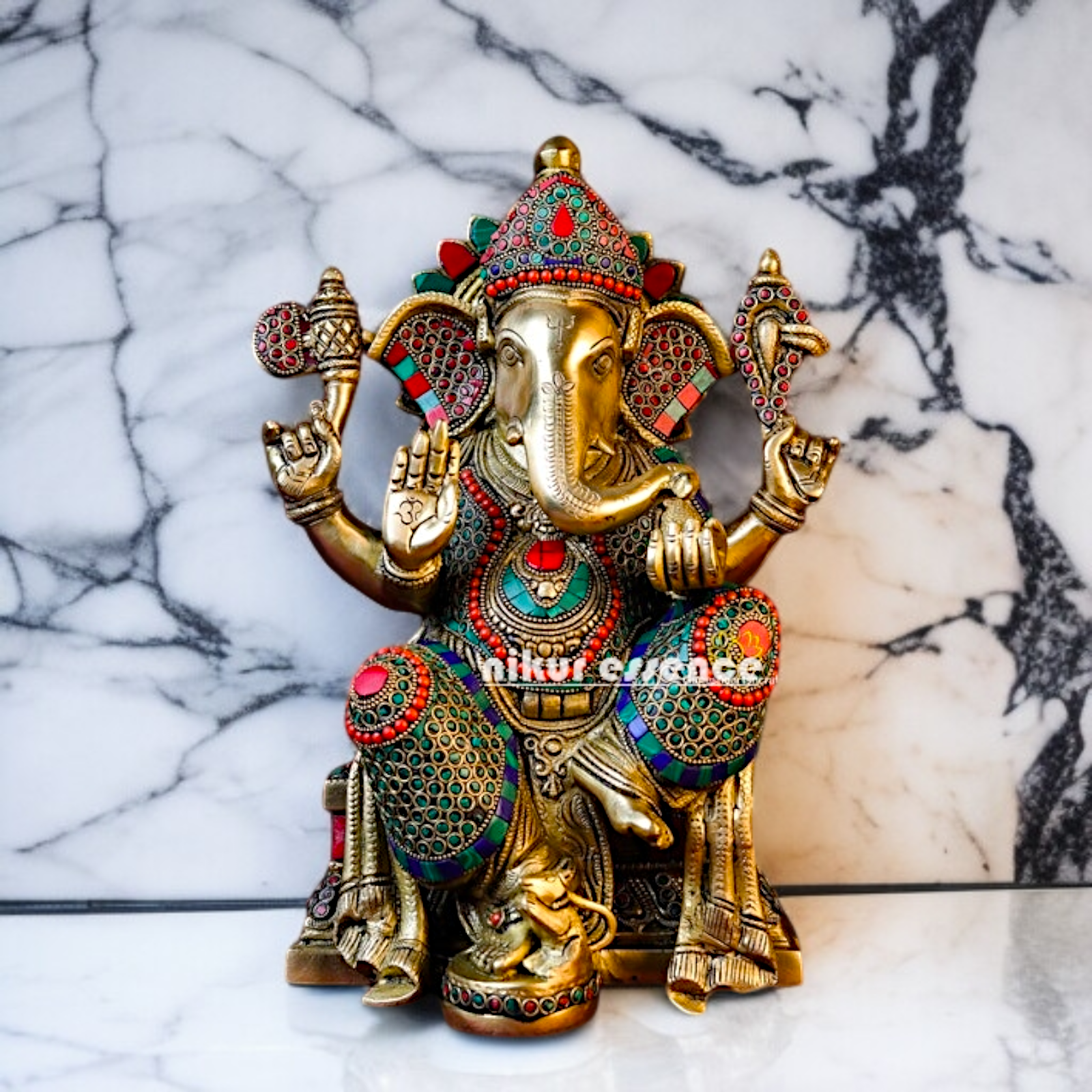 Big Vinayaka Ganesha Blessing with Four Armed Brass stone work idol - 14.173 inches Nikuressence
