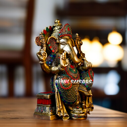 Big Vinayaka Ganesha Blessing with Four Armed Brass stone work idol - 14.173 inches Nikuressence