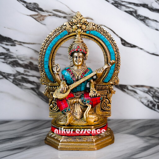 Goddess Saraswati Maa Seated with Playing Veena Brass stone work idol - 10 Inches Nikuressence
