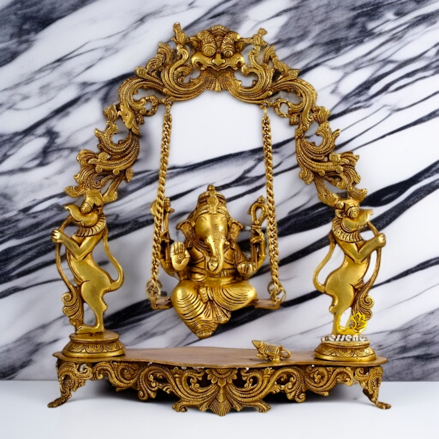 Lord Ganesha Seated on Swing Jhula with blessing pure Brass idol - 18.11 inches Nikuressence
