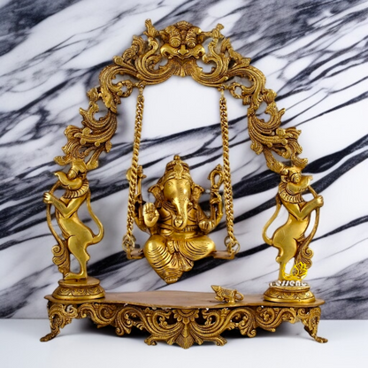 Lord Ganesha Seated on Swing Jhula with blessing pure Brass idol - 18.11 inches Nikuressence
