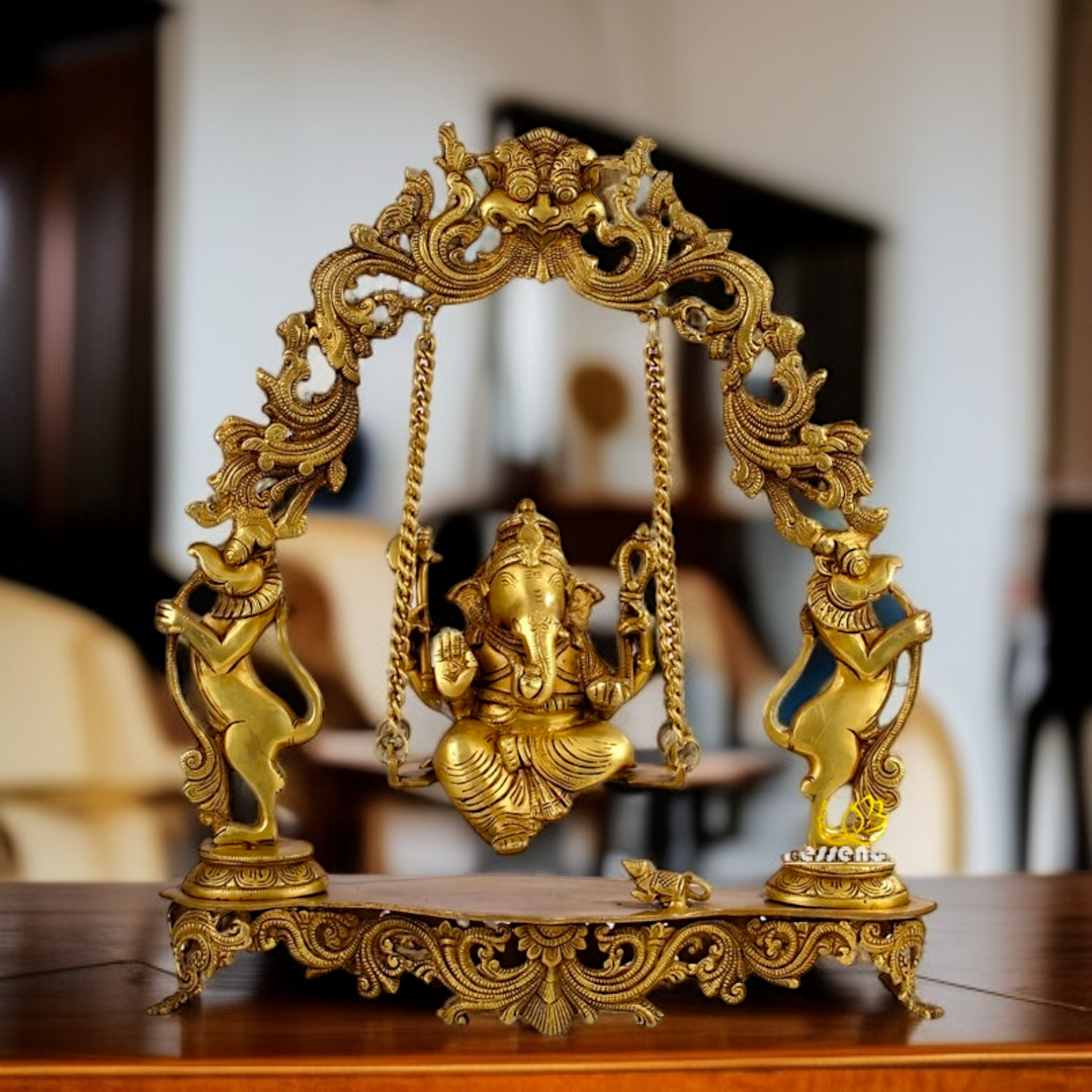 Lord Ganesha Seated on Swing Jhula with blessing pure Brass idol - 18.11 inches Nikuressence