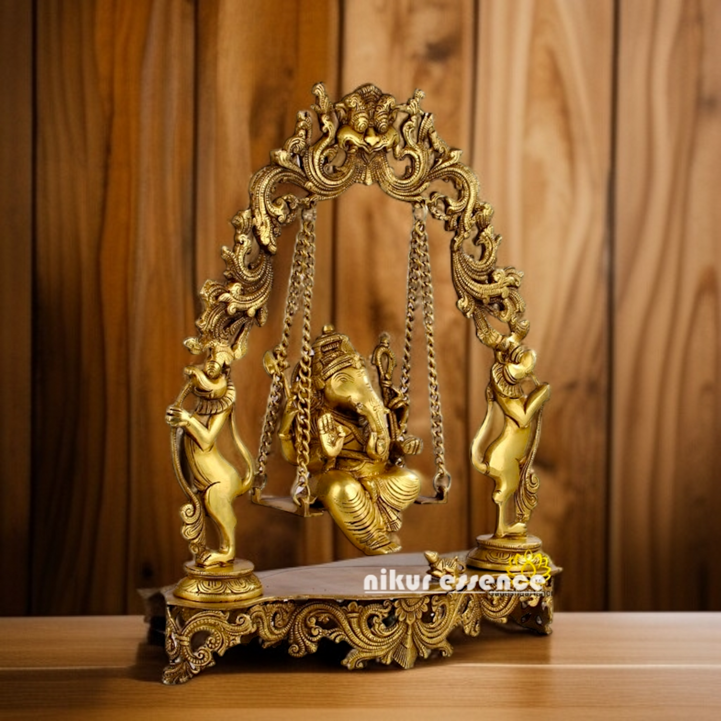 Lord Ganesha Seated on Swing Jhula with blessing pure Brass idol - 18.11 inches Nikuressence