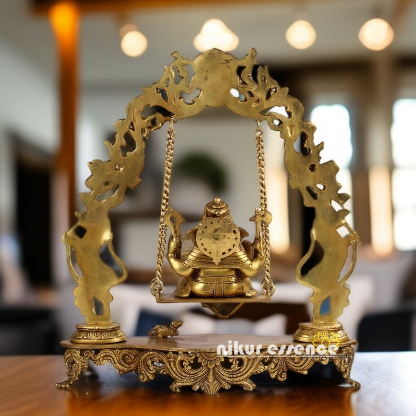 Lord Ganesha Seated on Swing Jhula with blessing pure Brass idol - 18.11 inches Nikuressence