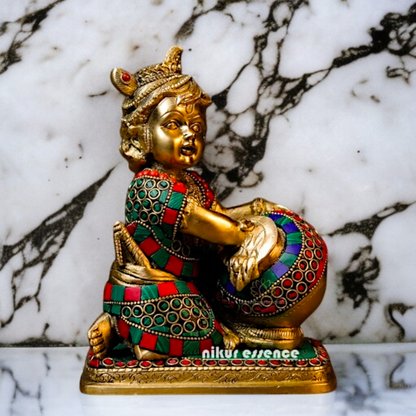 Bal Krishna Makhan chor seated Brass with stone work idol - 7 Inches Nikuressence