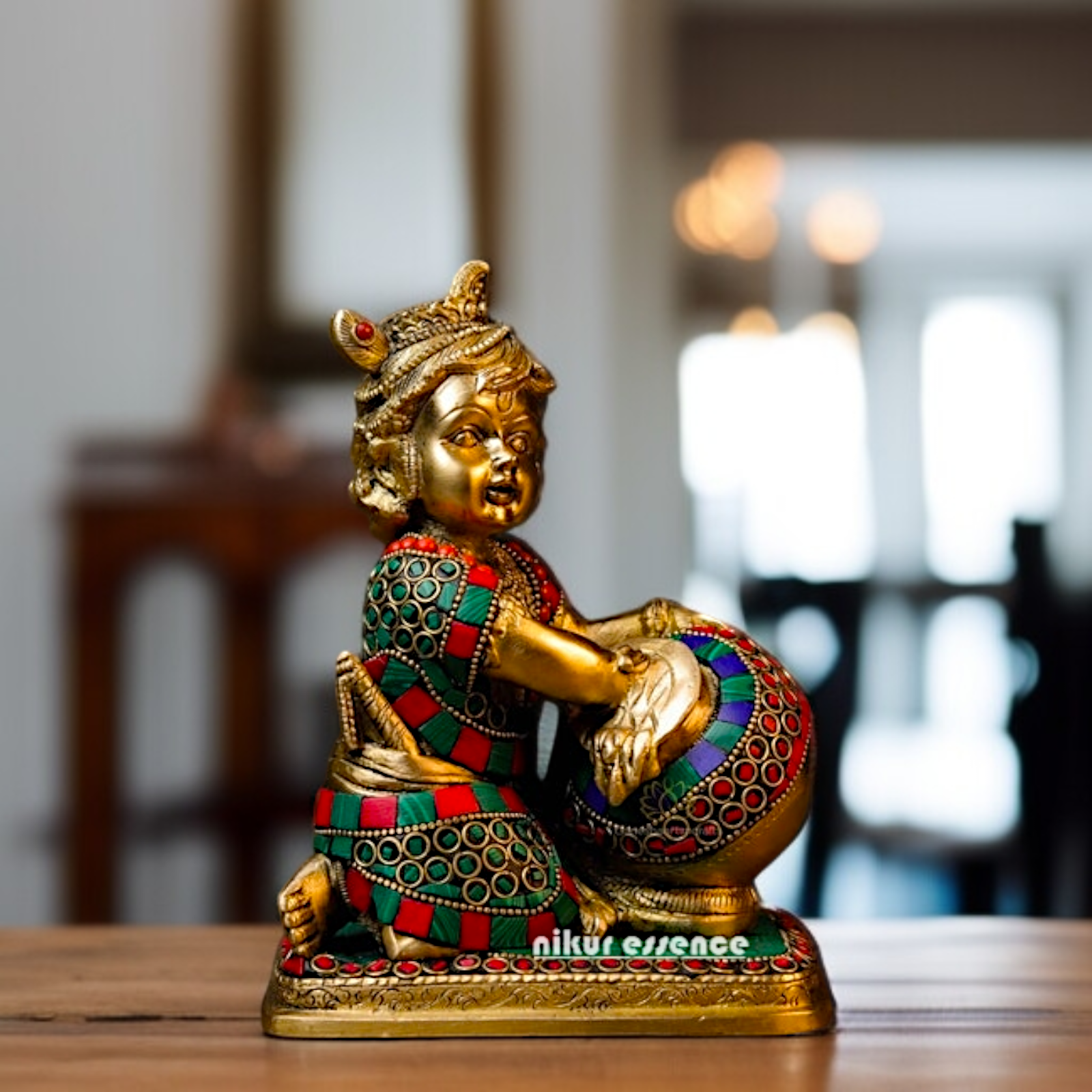 Bal Krishna Makhan chor seated Brass with stone work idol - 7 Inches Nikuressence