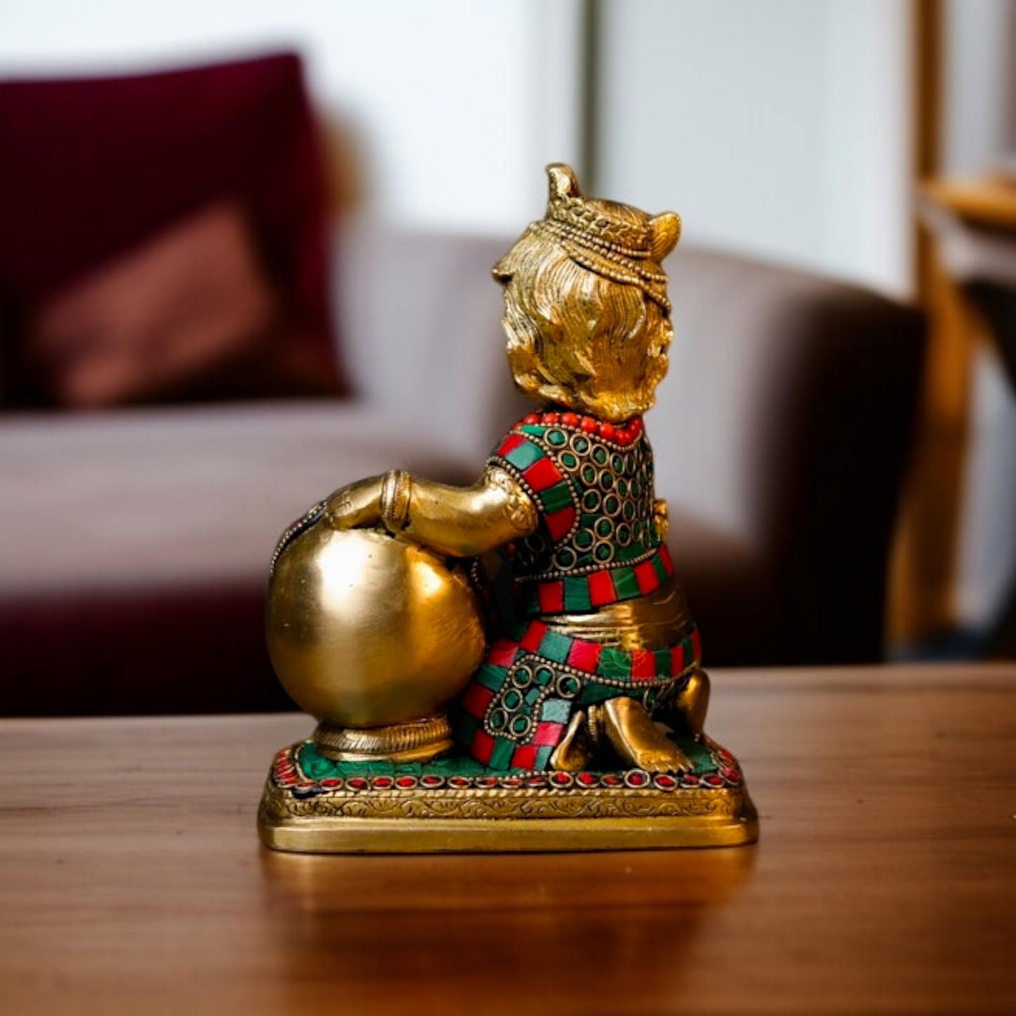 Bal Krishna Makhan chor seated Brass with stone work idol - 7 Inches Nikuressence