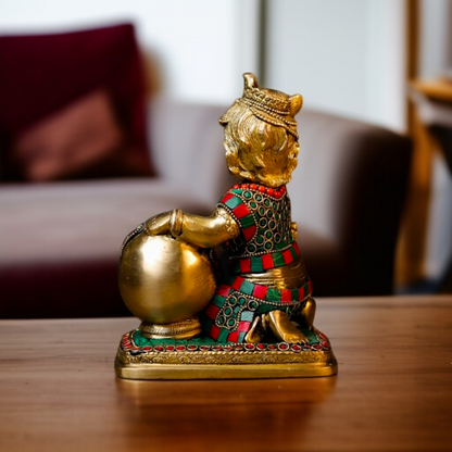 Bal Krishna Makhan chor seated Brass with stone work idol - 7 Inches Nikuressence