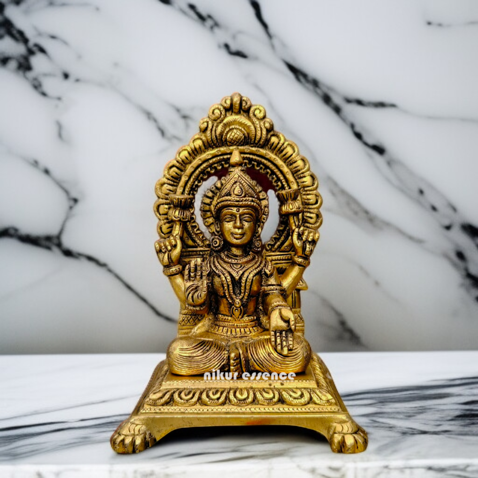 Goddess Maha Lakshmi Blessing seated on singhasan Brass idol - 7.3 Inches Nikuressence