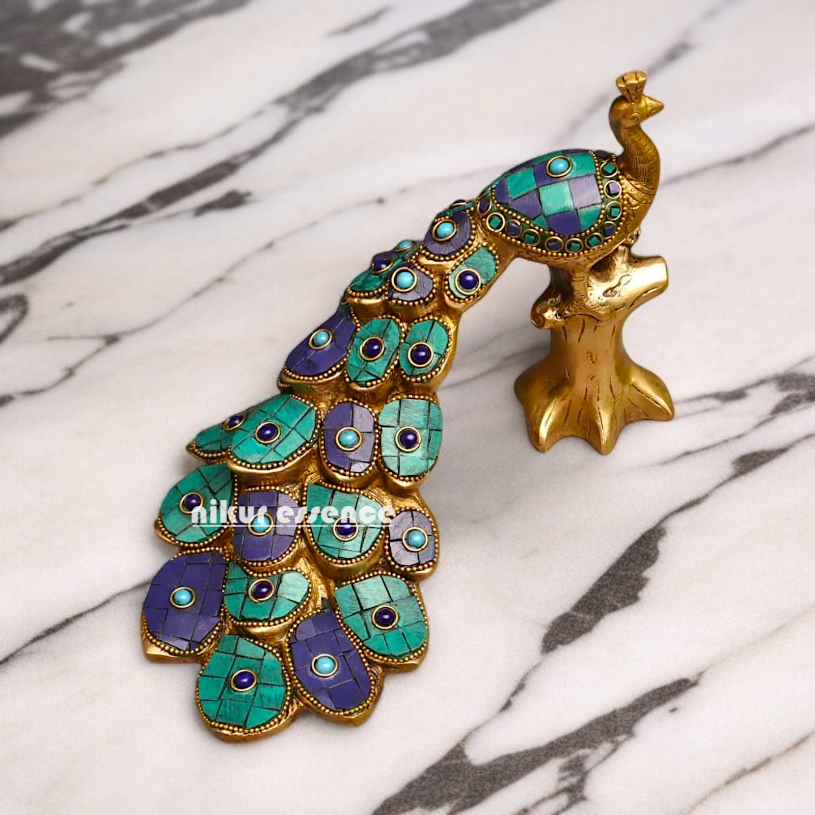 Brass Peacock room decor with stone work idol - 9 Inches Nikuressence