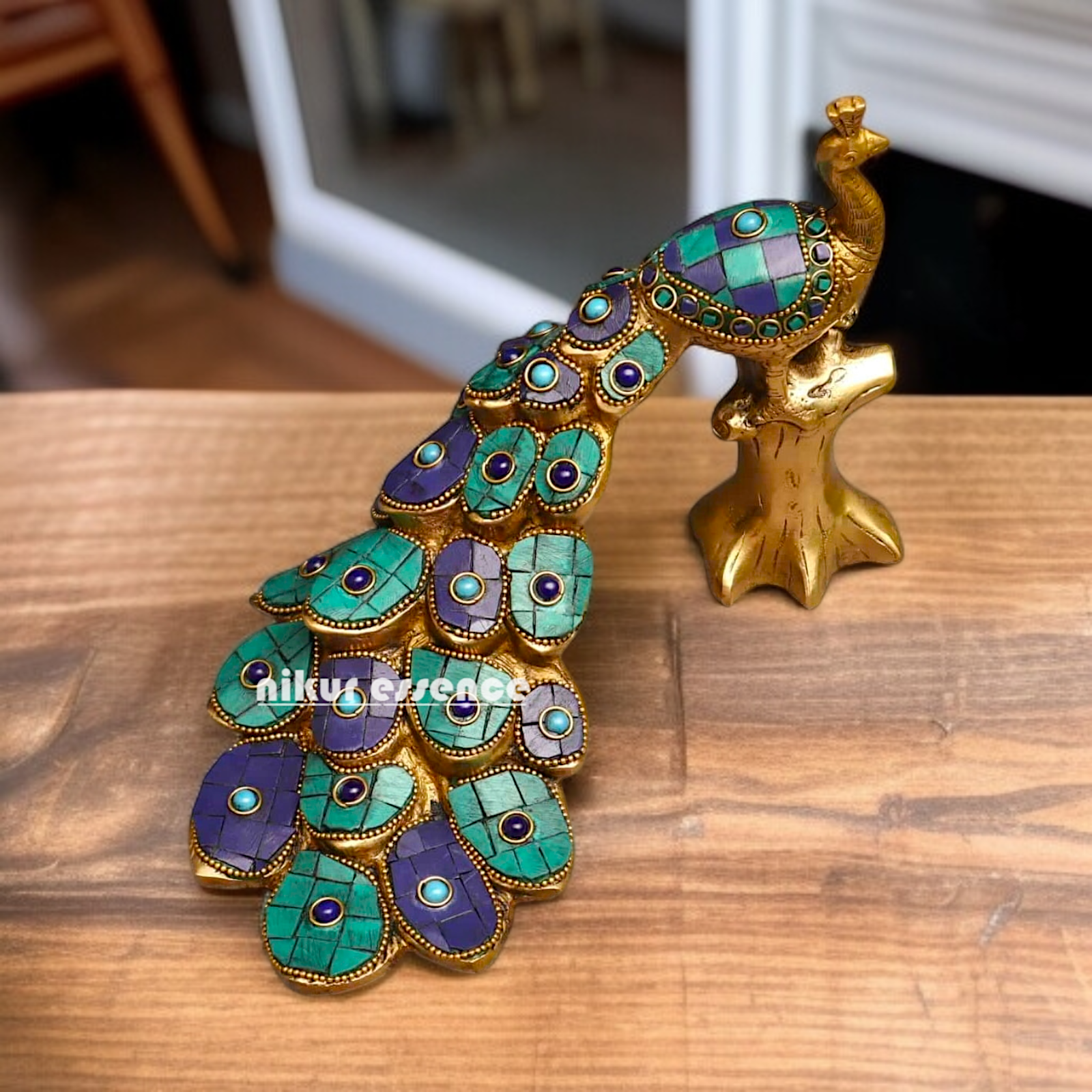 Brass Peacock room decor with stone work idol - 9 Inches Nikuressence