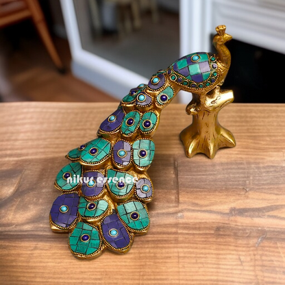 Brass Peacock room decor with stone work idol - 9 Inches Nikuressence