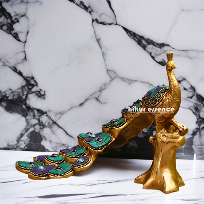 Brass Peacock room decor with stone work idol - 9 Inches Nikuressence