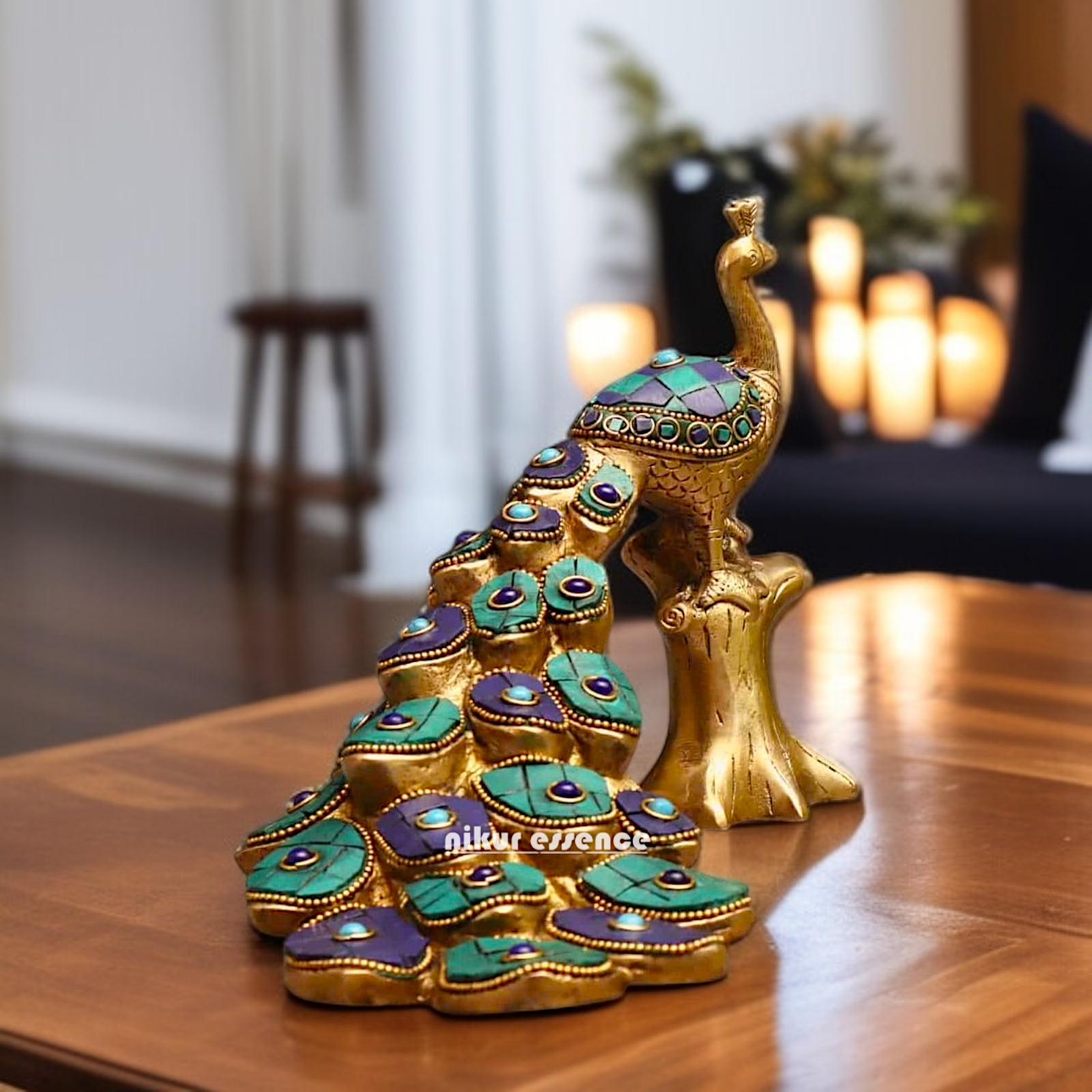 Brass Peacock room decor with stone work idol - 9 Inches Nikuressence