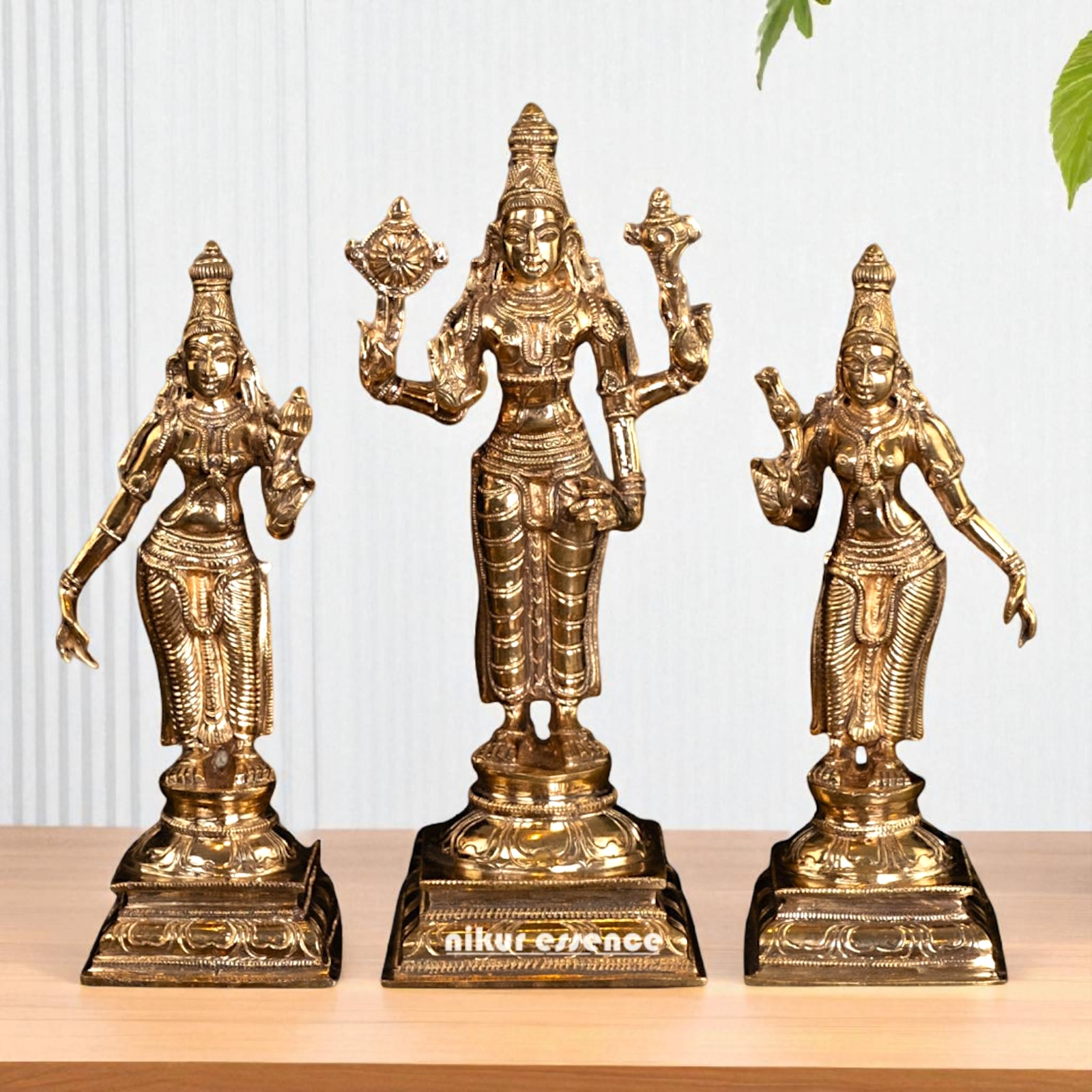 Panchaloha Vishnu with Sridevi and Bhudevi statue - 9.75 inches Nikuressence